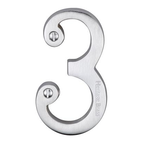 C1561 3-SC • 76mm • Satin Chrome • Heritage Brass Face Fixing Numeral 3